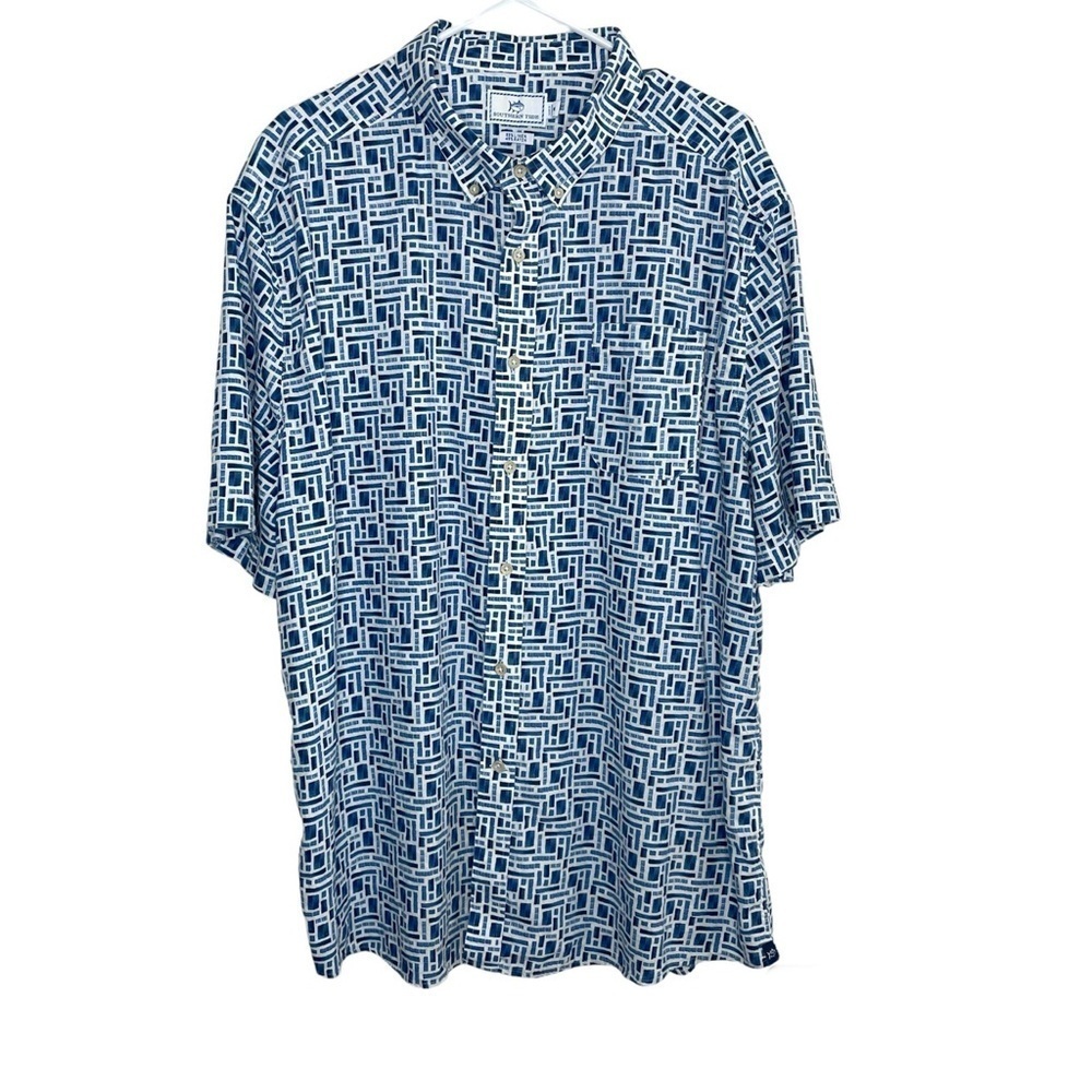Southern Tide Linen Blend Short Sleeve Button Down Shirt Blue Geometric Print